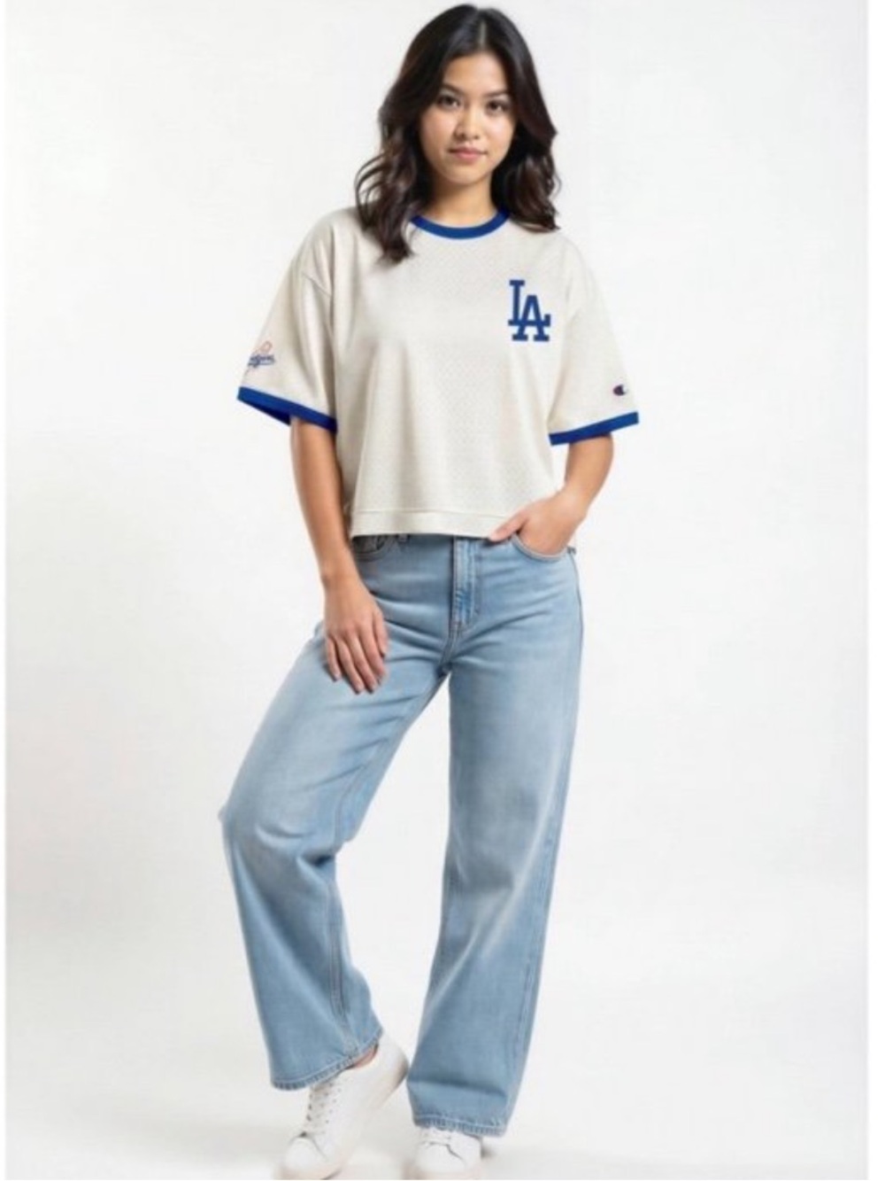 Champion Light Blue Wide-Leg Jeans with Cream Top